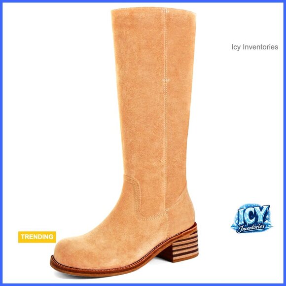 Shoes - Knee High Boots Square Toe Chunky Block Heel Pull On Biker Riding Boots